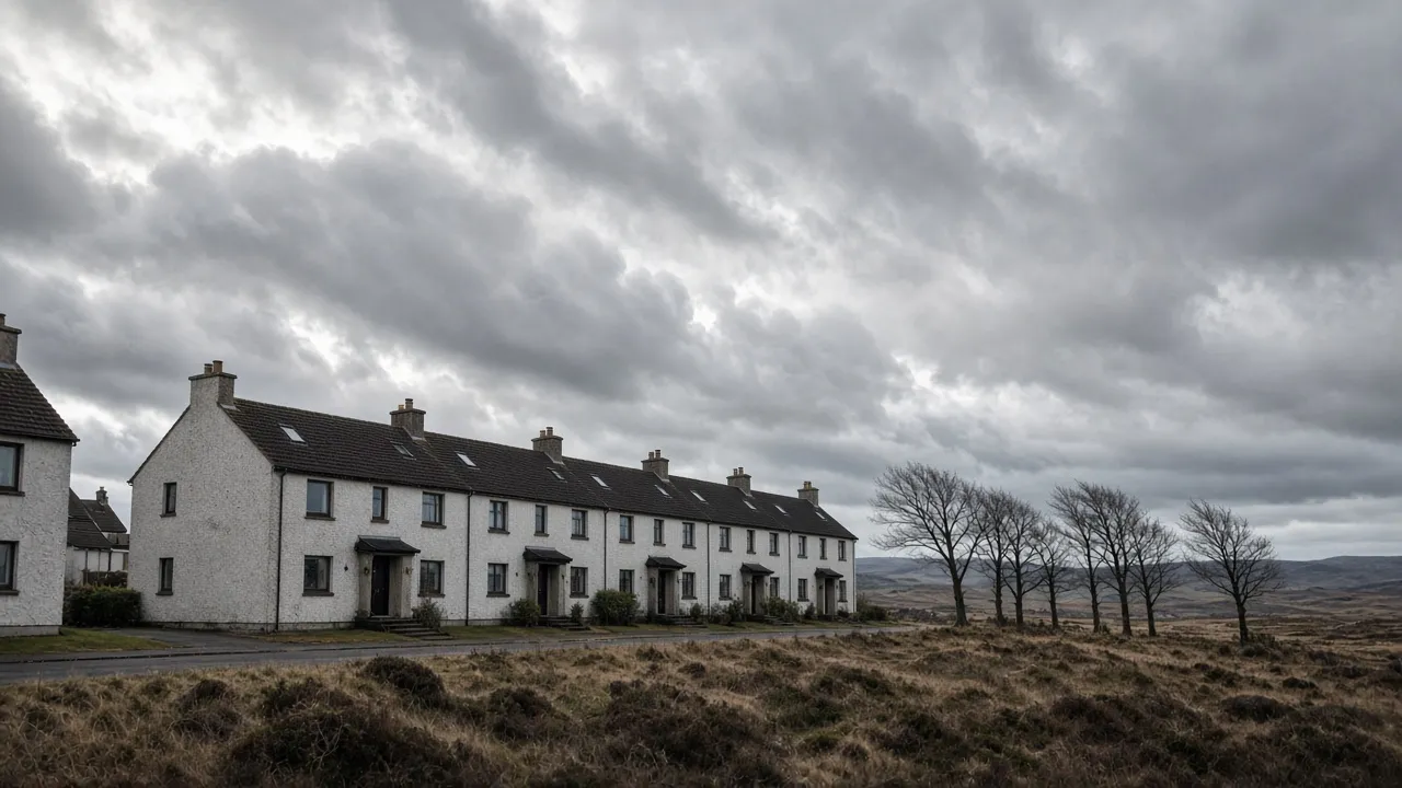 Exposed harled houses under a windy sky on the Cumbernauld ridge, North Lanarkshire