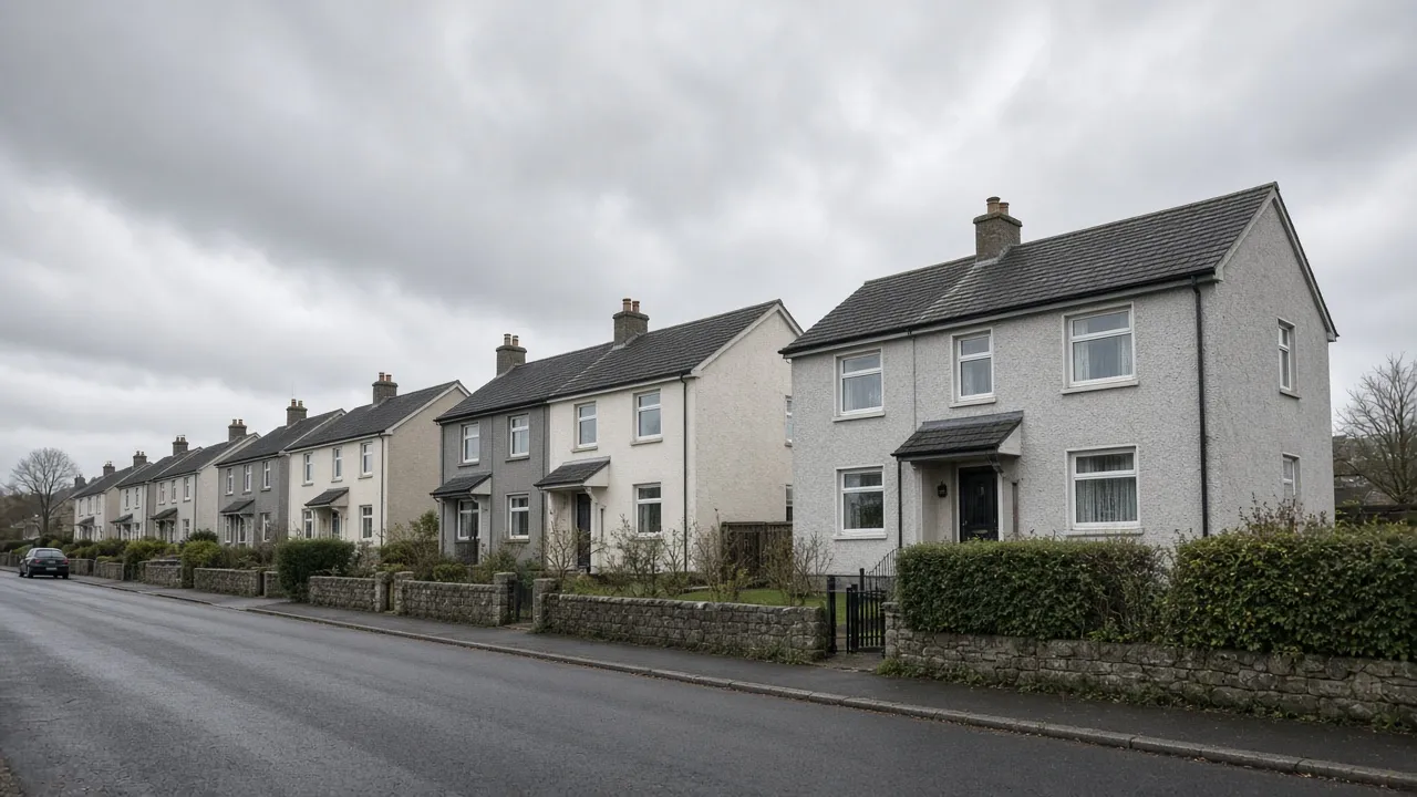 Harled new-town houses under a grey sky in Cumbernauld, North Lanarkshire