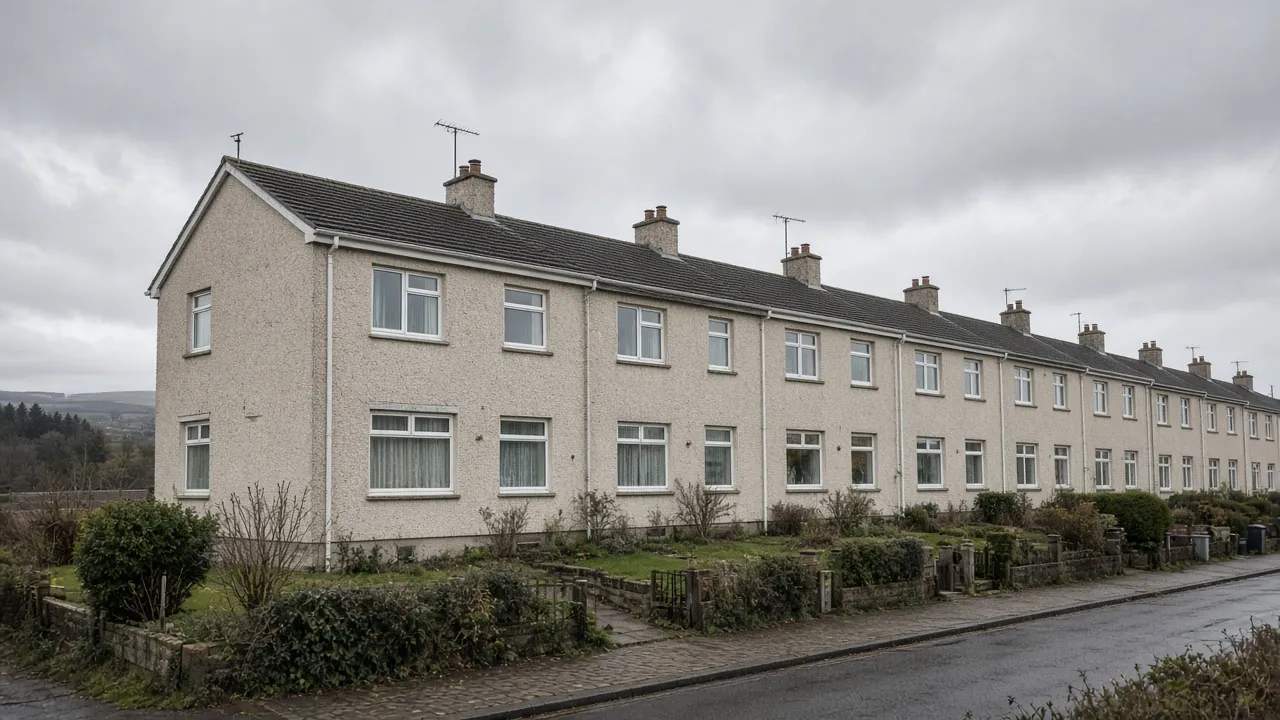 Harled new-town houses with white window frames in Cumbernauld, North Lanarkshire