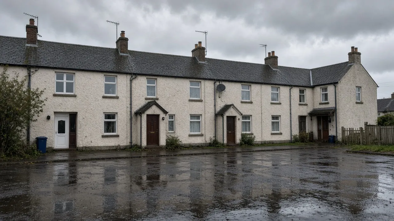 Harled terrace in wet weather in Cumbernauld, North Lanarkshire
