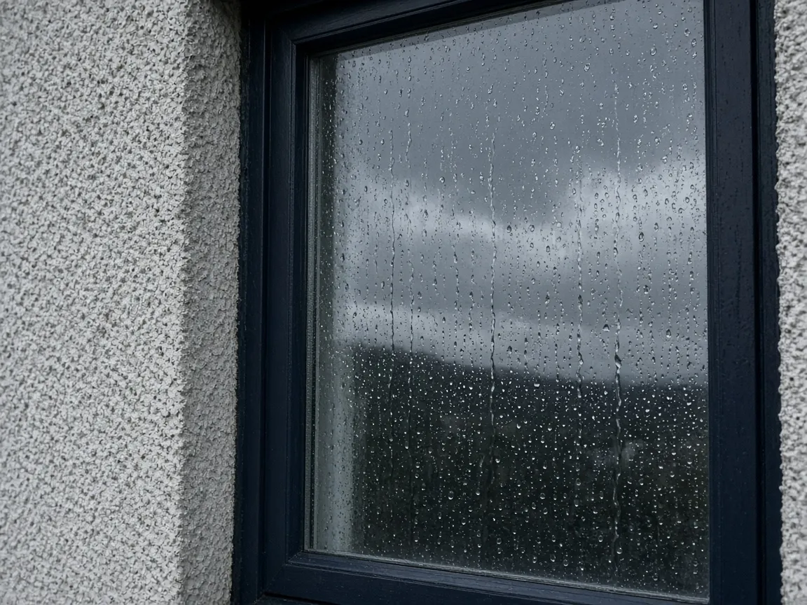 Close view of a window in wind and rain in Cumbernauld, North Lanarkshire